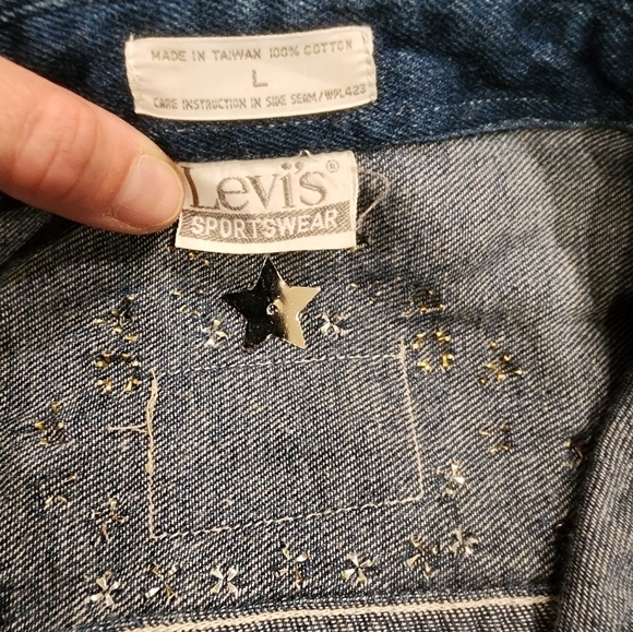 Vintage Levis Cropped Jean Jacket Rhinestones Studded - Picture 10 of 15